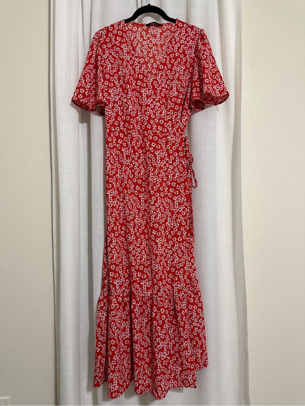 Commense Red Floral Wrap Maxi Dress with White Ditsy Print